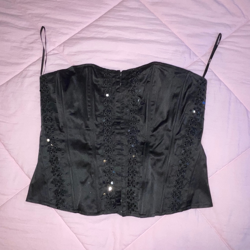 Y2K Vintage Sequined Black Corset w/ Ribbon Detail